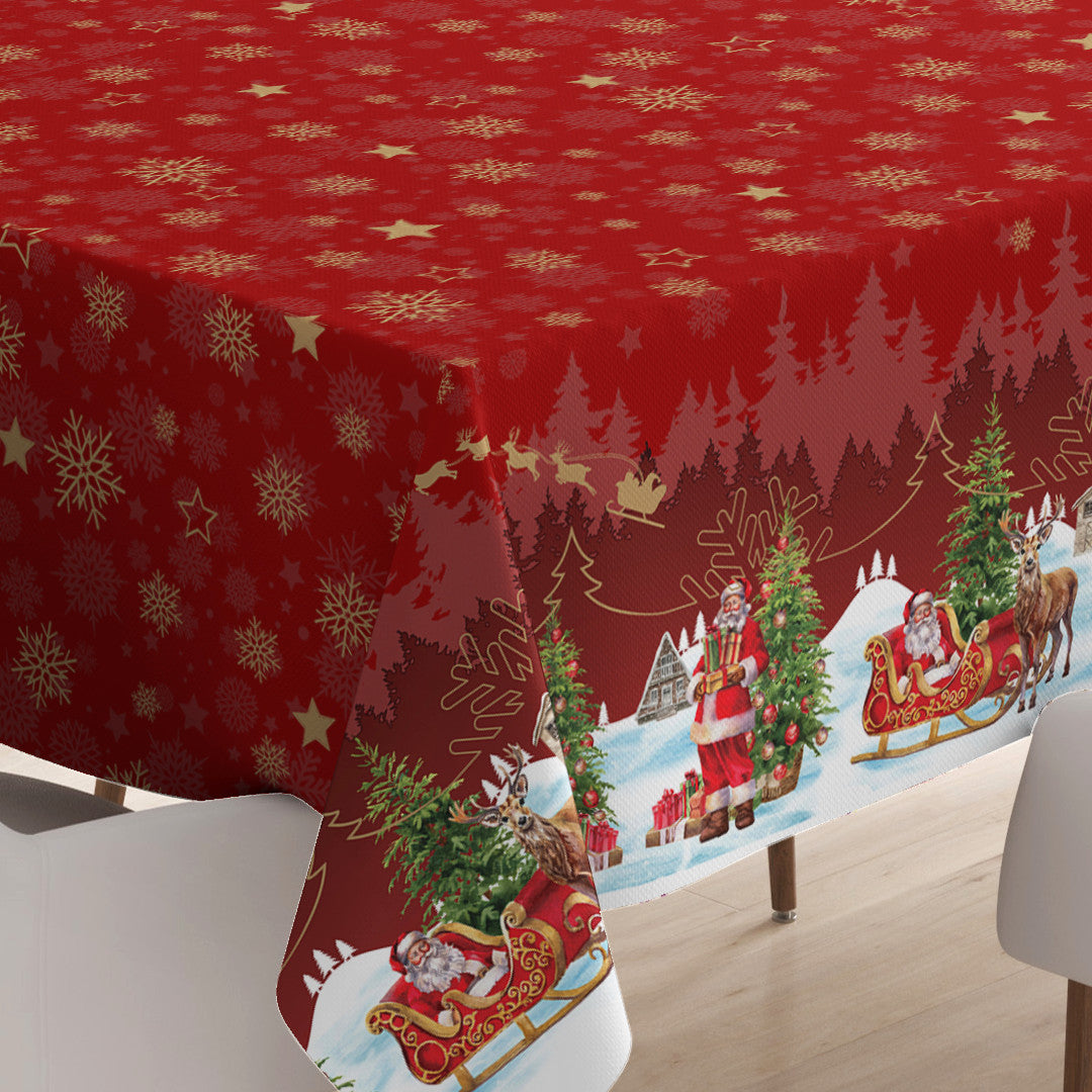 Nisseby – Röd julvaxduk med tomten och ett snöklätt landskap, hörn
