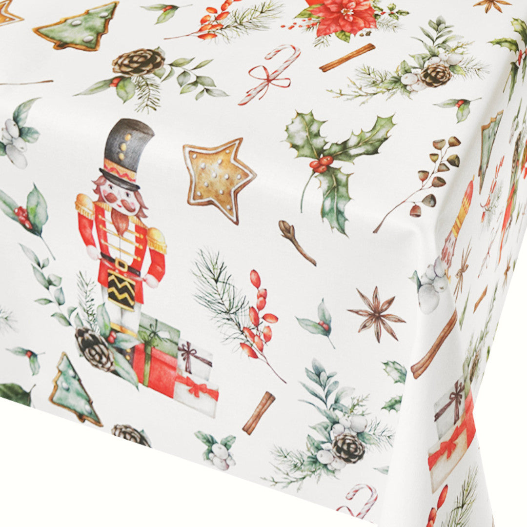 Nötknäppare och Gåvor - jultextilvaxduk med klassiska motiv, närbild