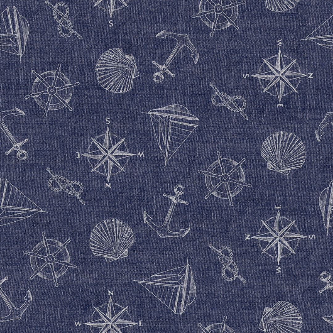 Nordfavn Captain – Blå vaxduk med maritima motiv, mönster