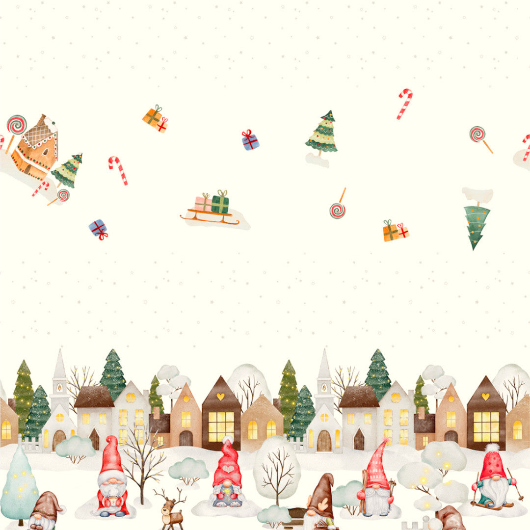 Nordfavn Elf – Jultextilduk med vinterby och tomtar, närbild av mönstret