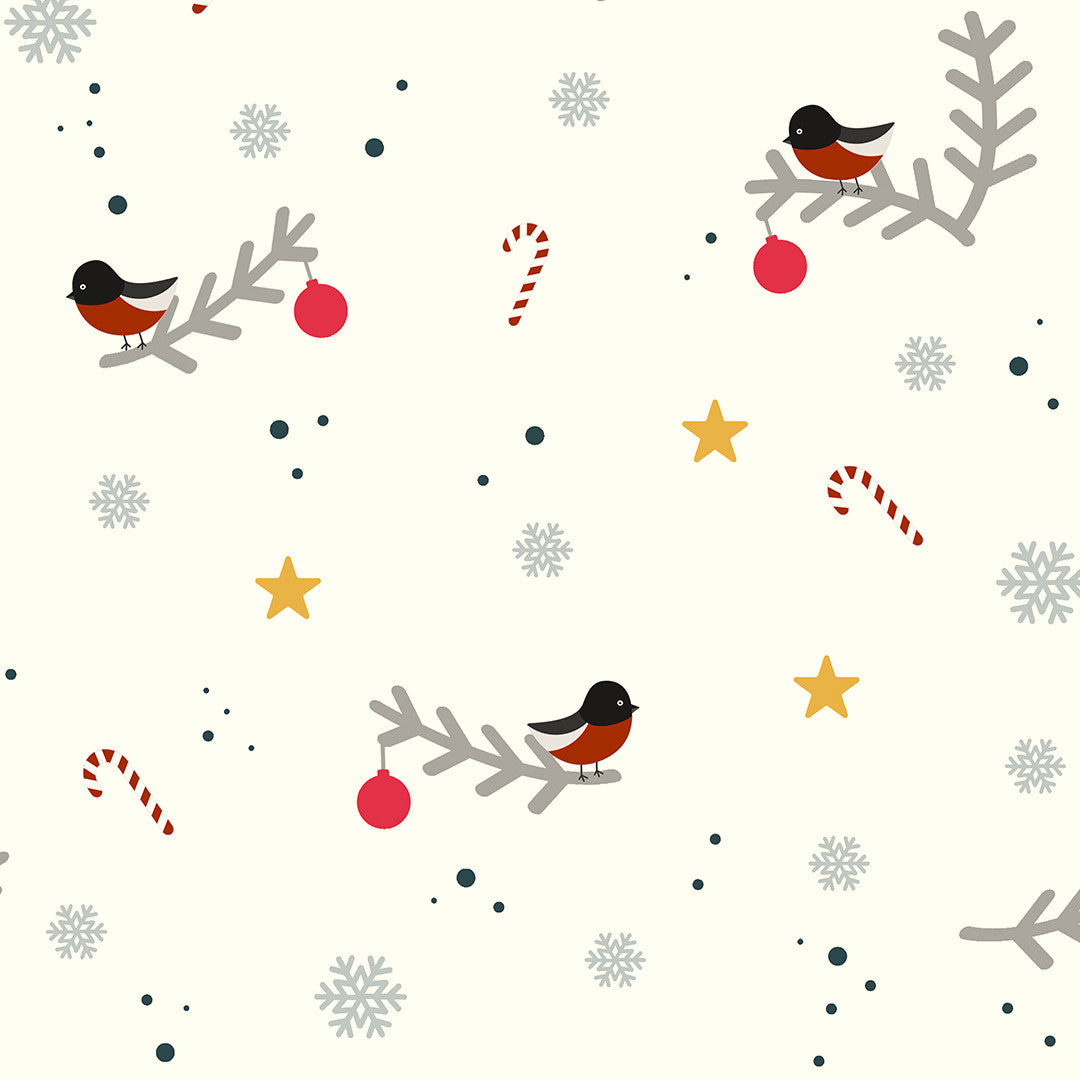 Nordfavn Eve – Jultextilduk med små fåglar och grenar, mönster