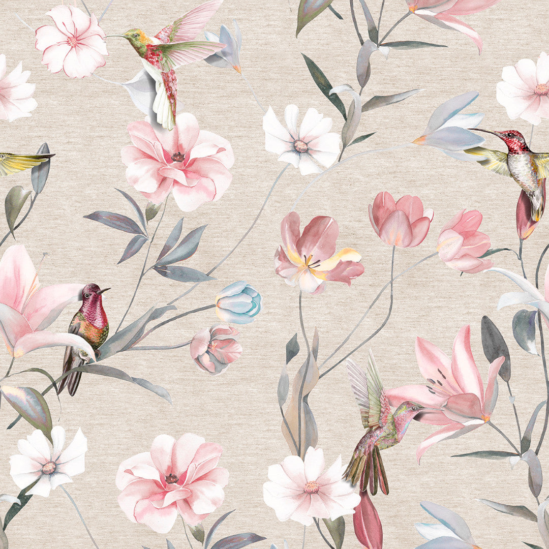 Nordfavn Life – Textilvaxduk med kolibrier och blommor på en naturfärgad bakgrund