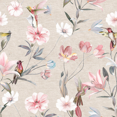 Nordfavn Life – Textilvaxduk med kolibrier och blommor på en naturfärgad bakgrund