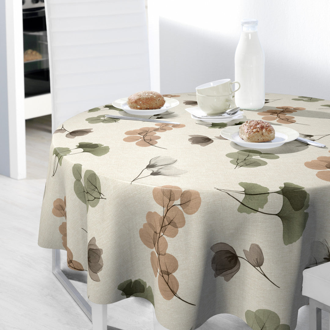 Nordfavn Organza Natur – Vaxduk med lätt blom- och bladmönster, rund