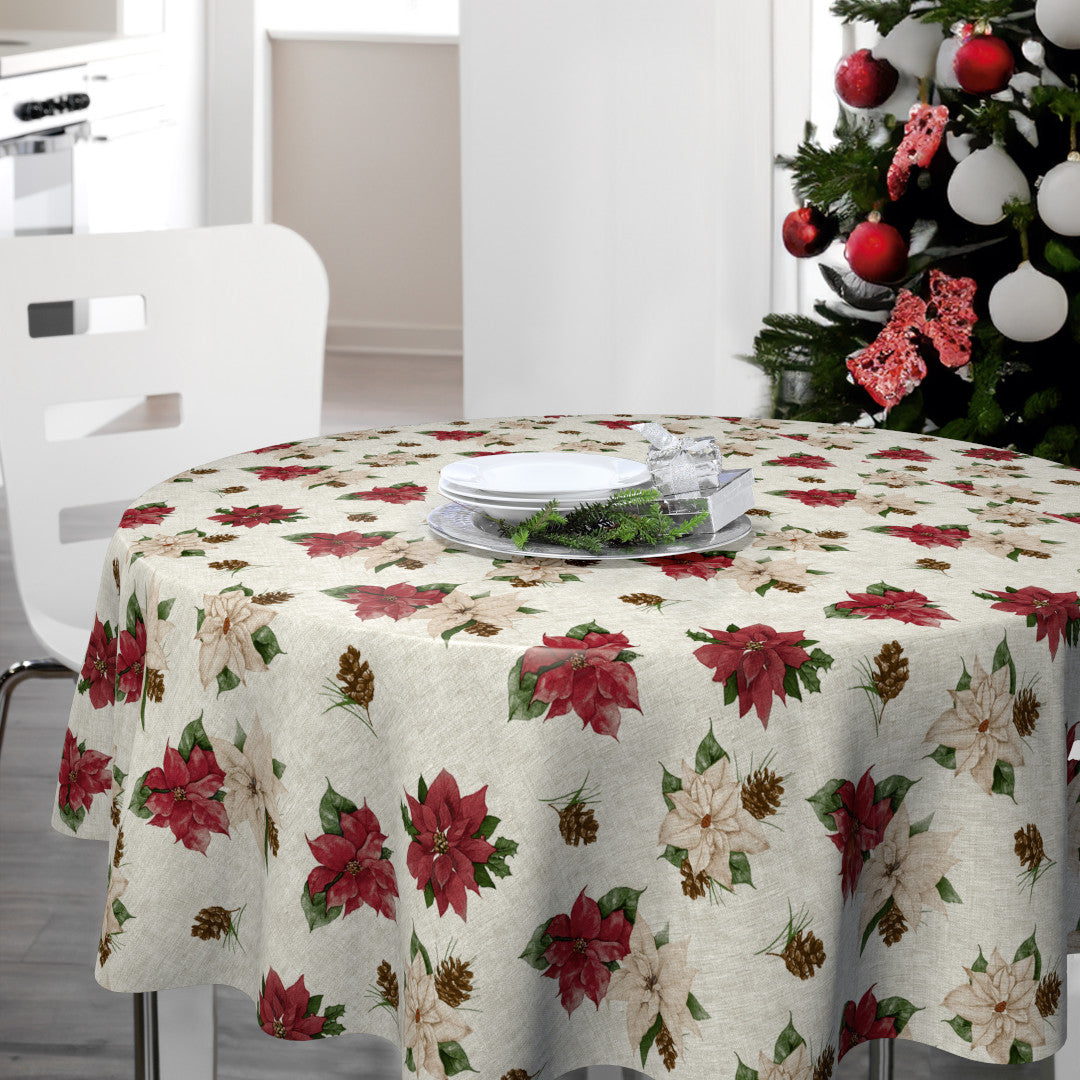 Nordfavn Poinsettia – Rund julvaxduk med linnelook och julstjärnor