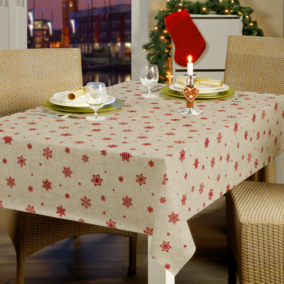 Nordfavn Snowflakes – Julvaxduk med röda snöflingor och iskristaller miljöbild