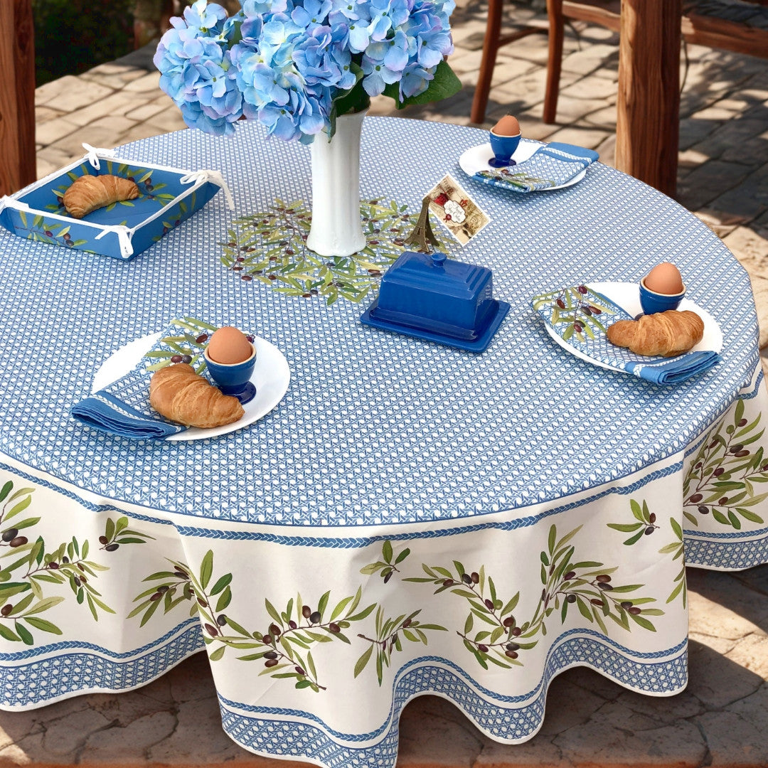 Nyons Blå - Rund akrylbelagd provenceduk Ø 180, dukning