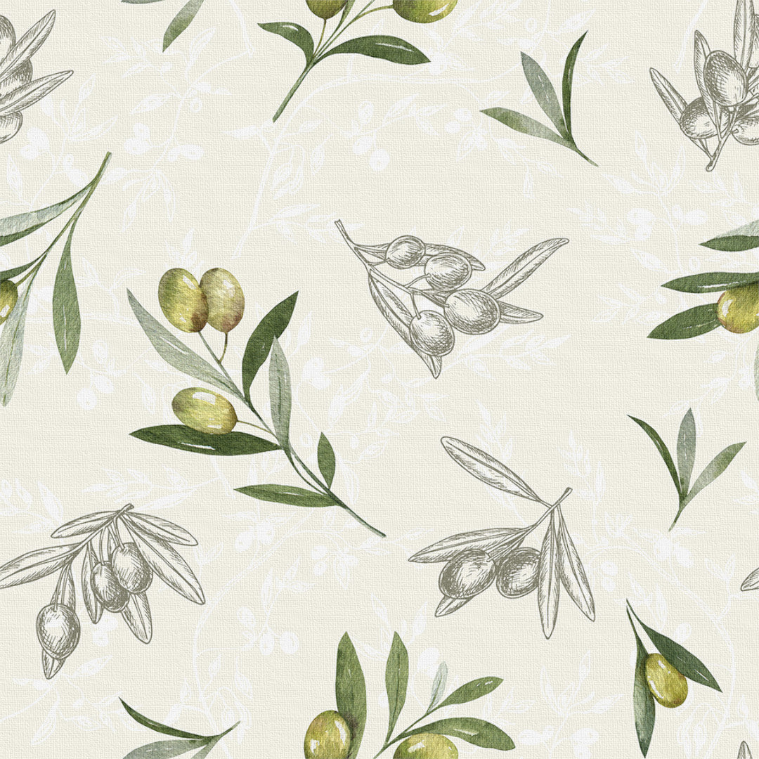 Oil – Textilvaxduk med olivkvistar i gröna nyanser, mönster