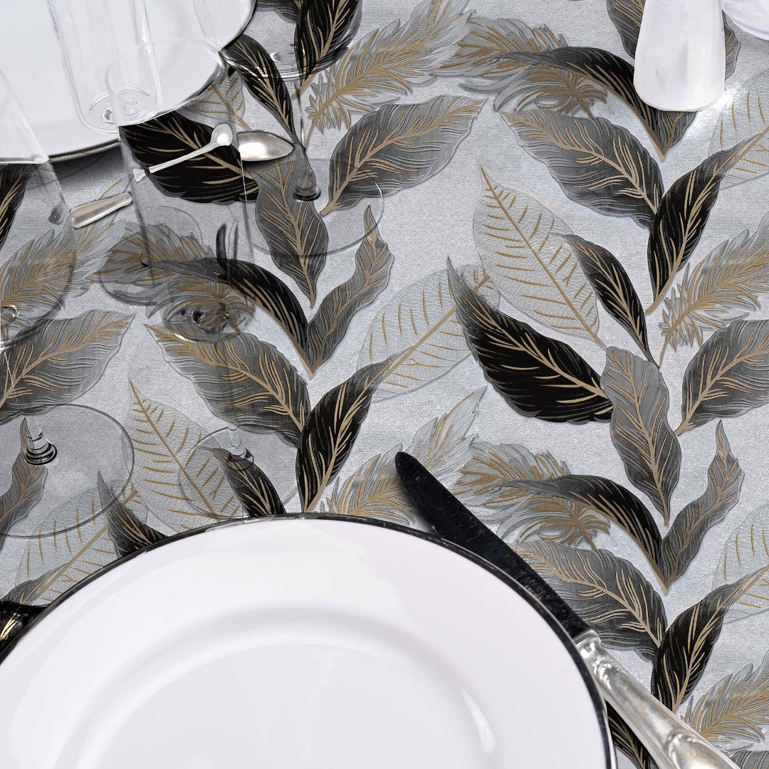 Oralia Metallic - Rund vaxduk med glänsande blad,  Ø 155 cm, närbild