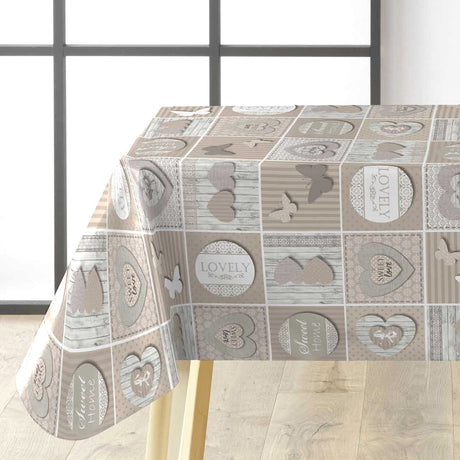 Papilys Grey - Vaxduk med hjärtan och fjärilar i mjuka naturfärger, hörn