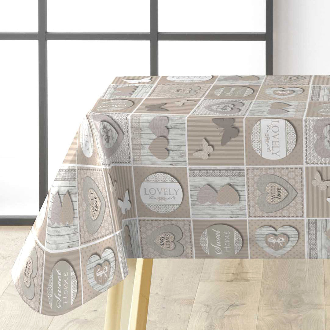 Papilys Grey - Vaxduk med hjärtan och fjärilar i mjuka naturfärger, hörn