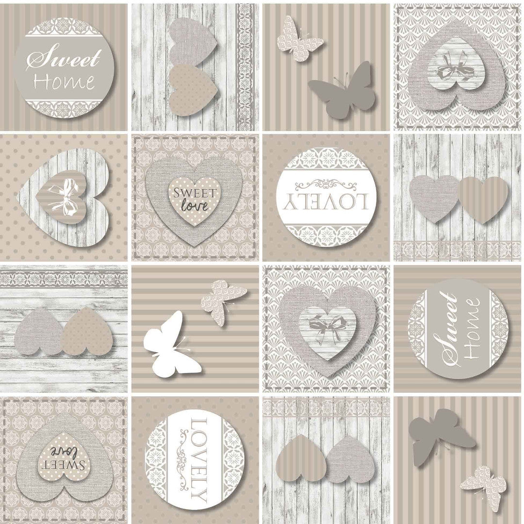 Papilys Grey - Vaxduk med hjärtan och fjärilar i mjuka naturfärger, mönster