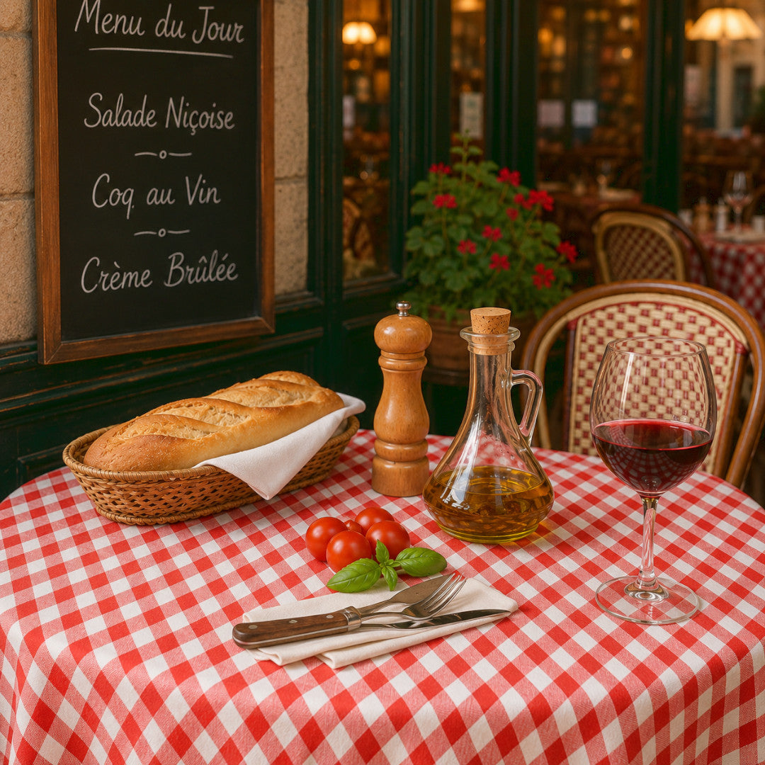 Picnic Red – Rund rutig vaxduk med textillook, bistromiljö