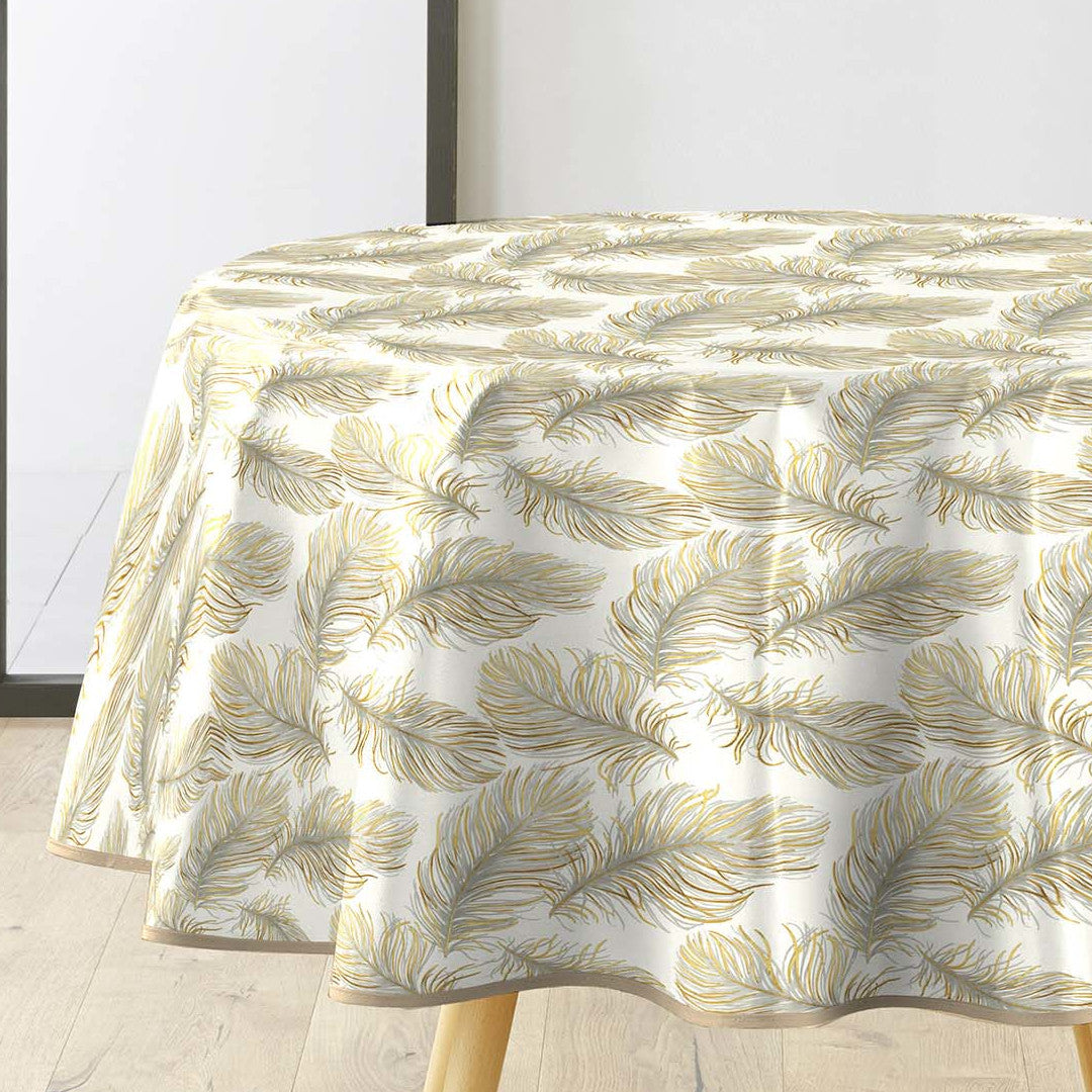 Plumina Metallic - Rund vaxduk med eleganta fjädrar i guld och grått, Ø 155 cm