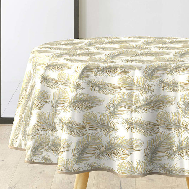 Plumina Metallic - Rund vaxduk med eleganta fjädrar i guld och grått, Ø 155 cm