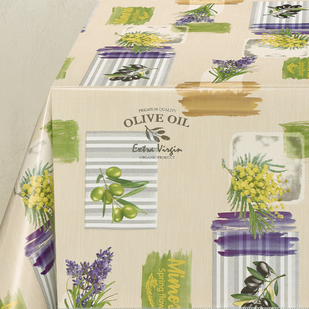 Provence Olives & Fleurs - Vaxduk med beige bakgrund, hörn
