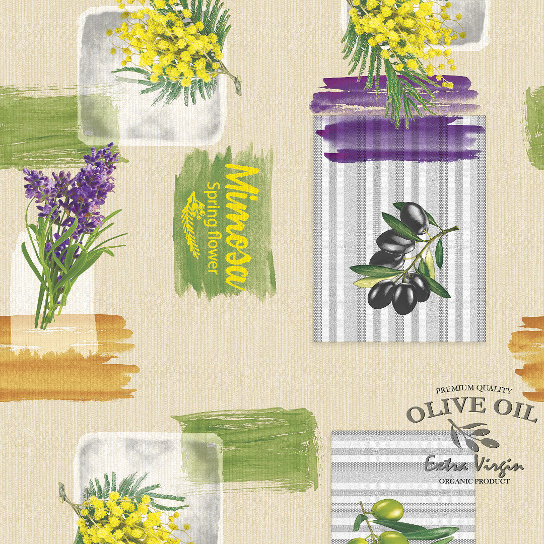 Provence Olives & Fleurs - Vaxduk med beige bakgrund, mönster