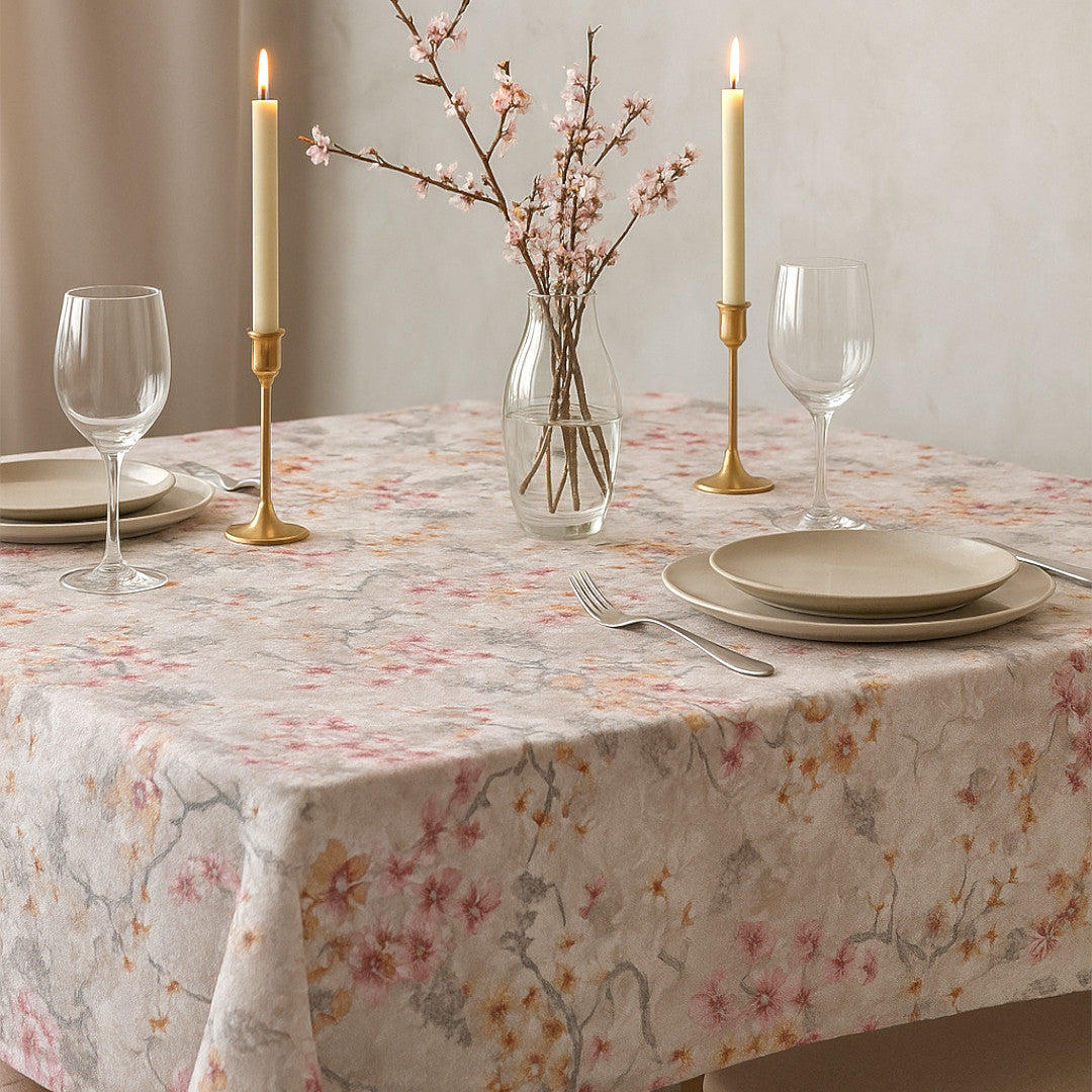 Rovira Vårblomma – Textilvaxduk med svamptryck och blommotiv, miljö