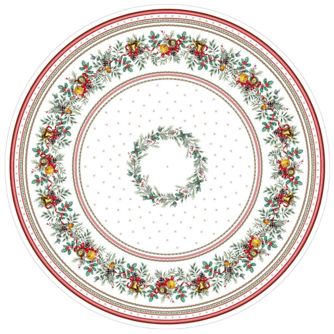 Sylvestre Vit – Rund akrylbelagd fransk julduk, Ø 230 cm, mönster