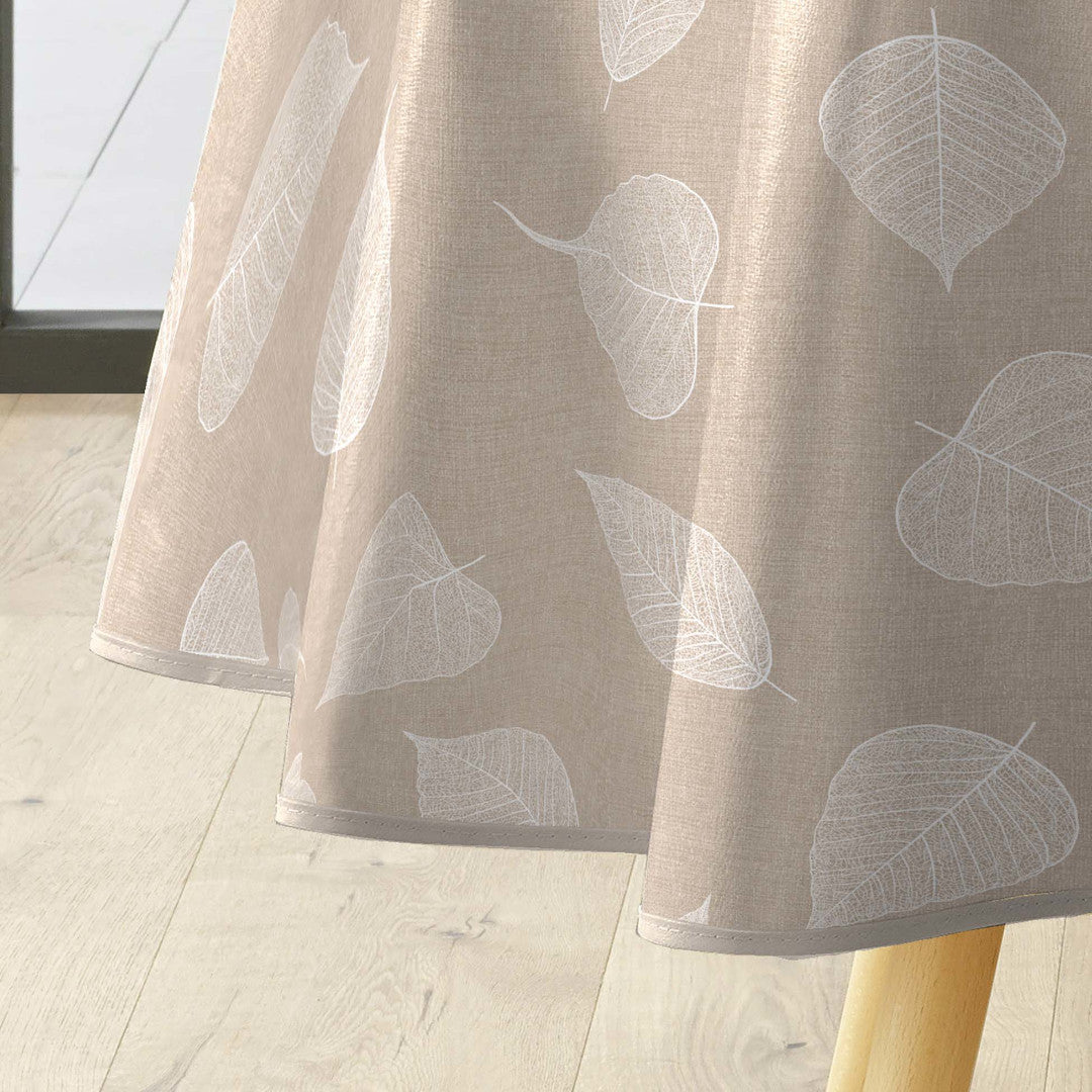 Textilia Feuillys - Rund vaxduk i linnelook med vita streckblad,  Ø 155 cm, kant