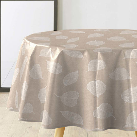 Textilia Feuillys - Rund vaxduk i linnelook med vita streckblad, Ø 155 cm