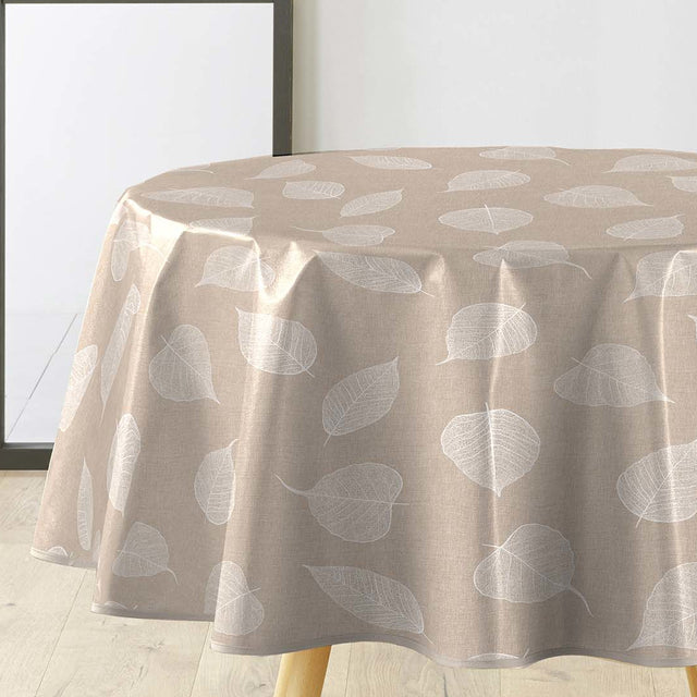 Textilia Feuillys - Rund vaxduk i linnelook med vita streckblad, Ø 155 cm