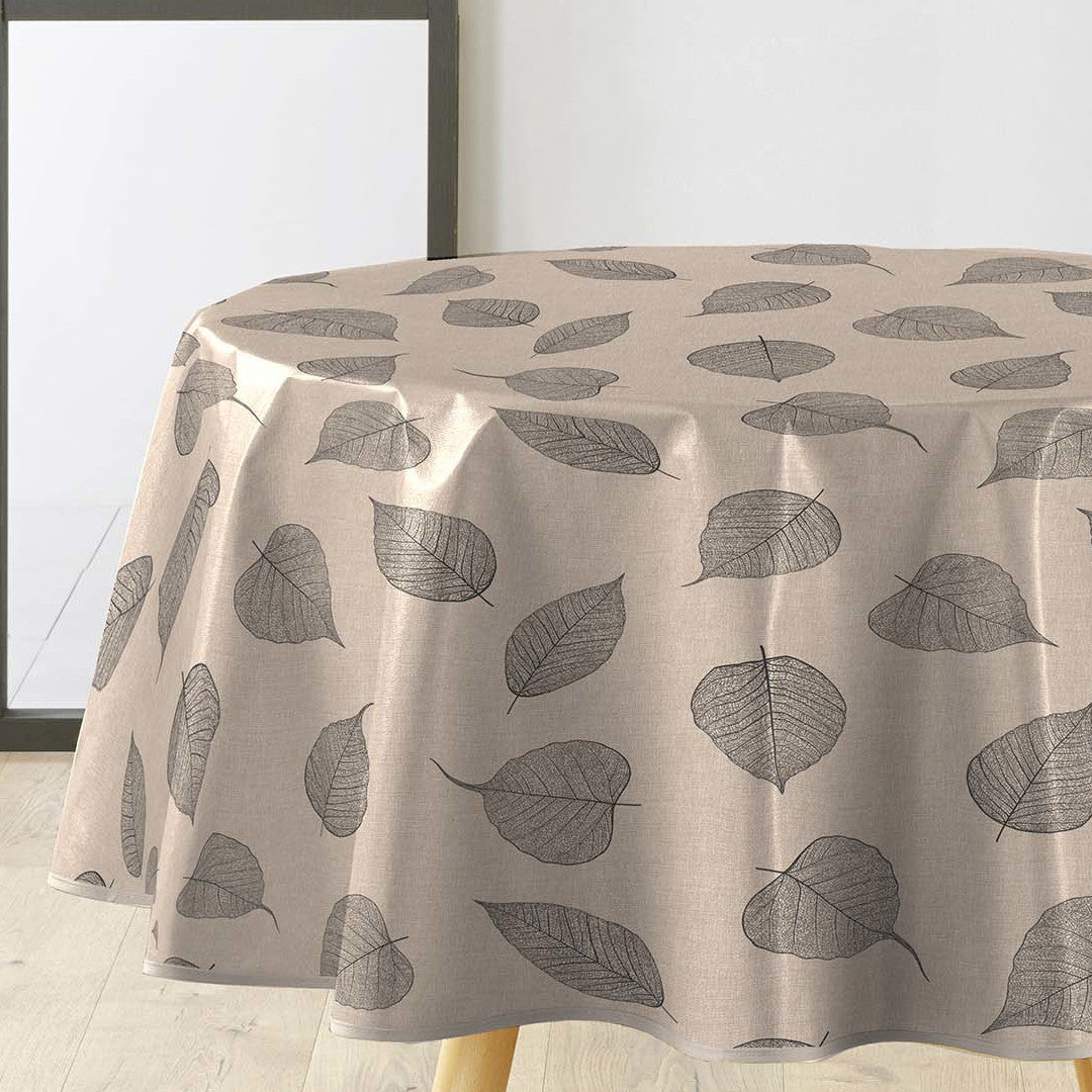 Textilia Feuillys – Rund vaxduk i linnelook med svarta streckblad, Ø 155 cm