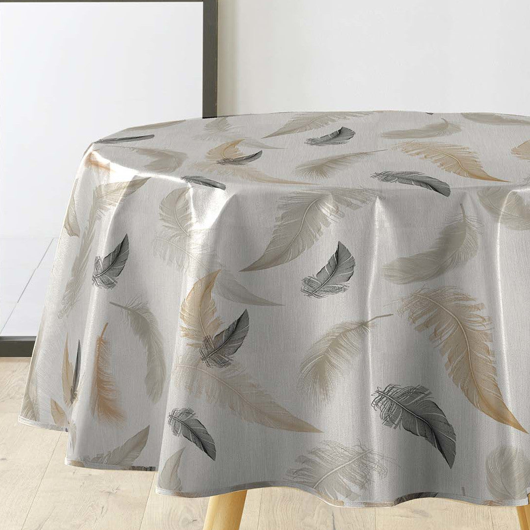 Textilia Folea - Rund vaxduk med fjädrar i naturliga färger, Ø 155 cm