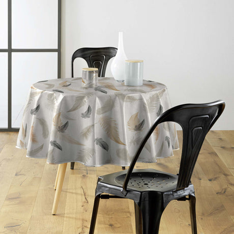 Textilia Folea - Rund vaxduk med fjädrar i naturliga färger,  Ø 155 cm, miljöbild