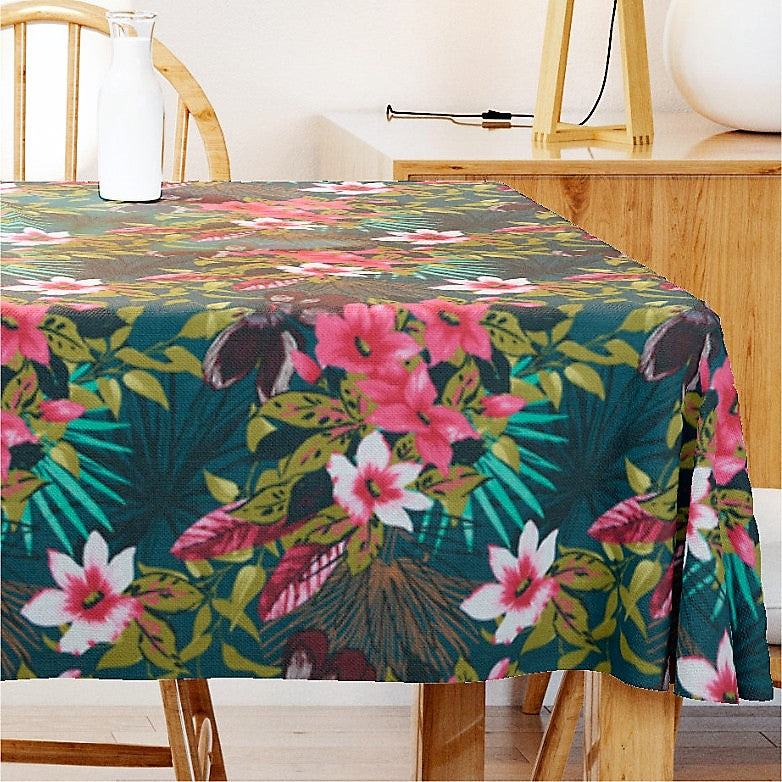 Ahuna - Textilvaxduk med blommor på petrolfärgad bakgrund, 155 cm bred