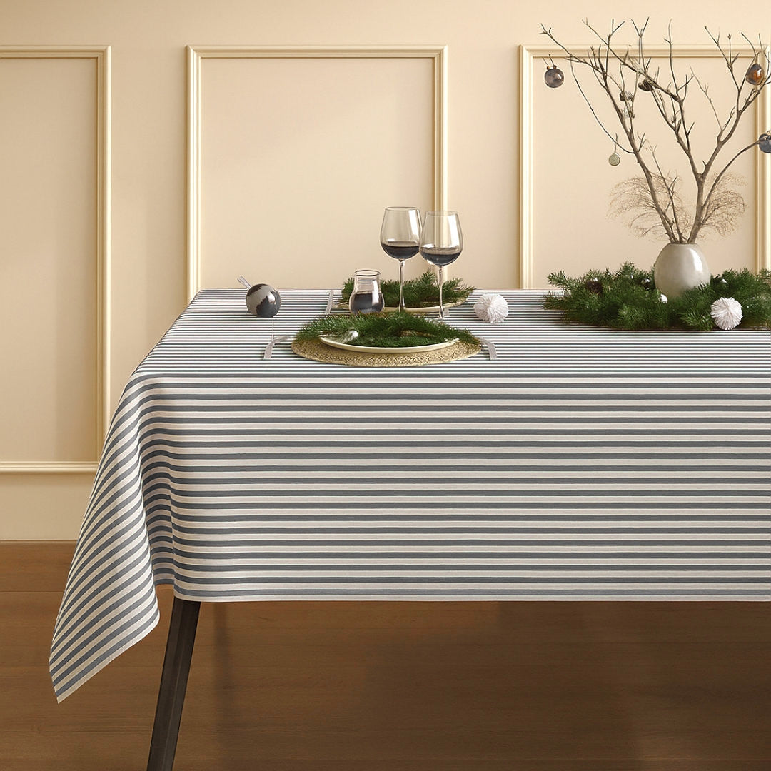 Textilvaxduk i linnelook med randigt i grått