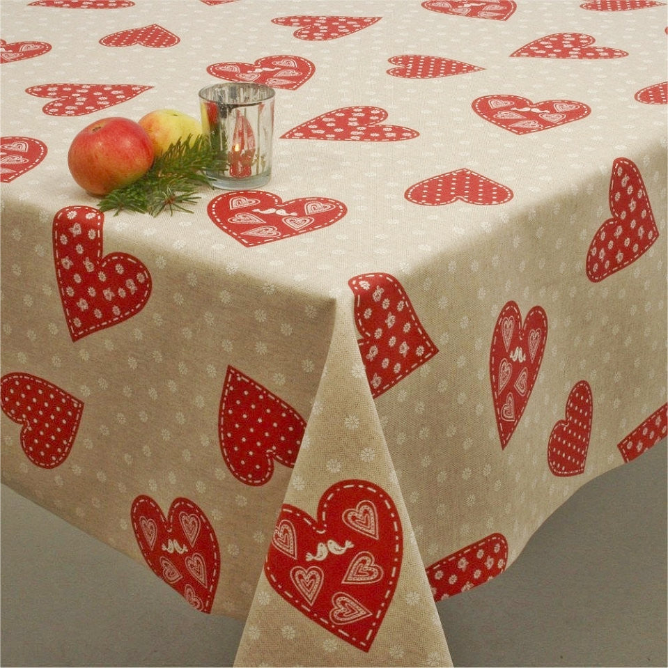 Julduk - textilvaxduk med julhjärtan och turturduvor i linnelook