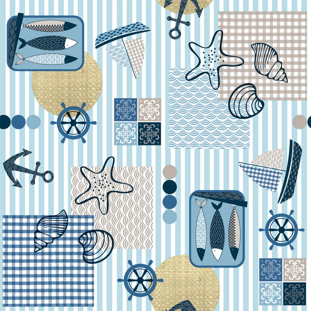 Närbild av Allt Gott från Havet - Vaxduk med maritimt motiv