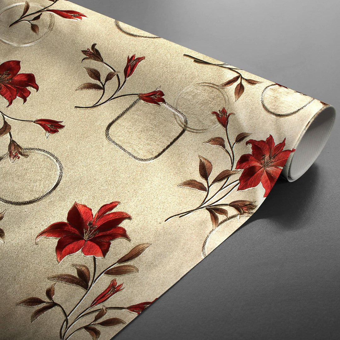 Altea Metallic Red - Gyllene vaxduk med röda julstjärnor. På bordet