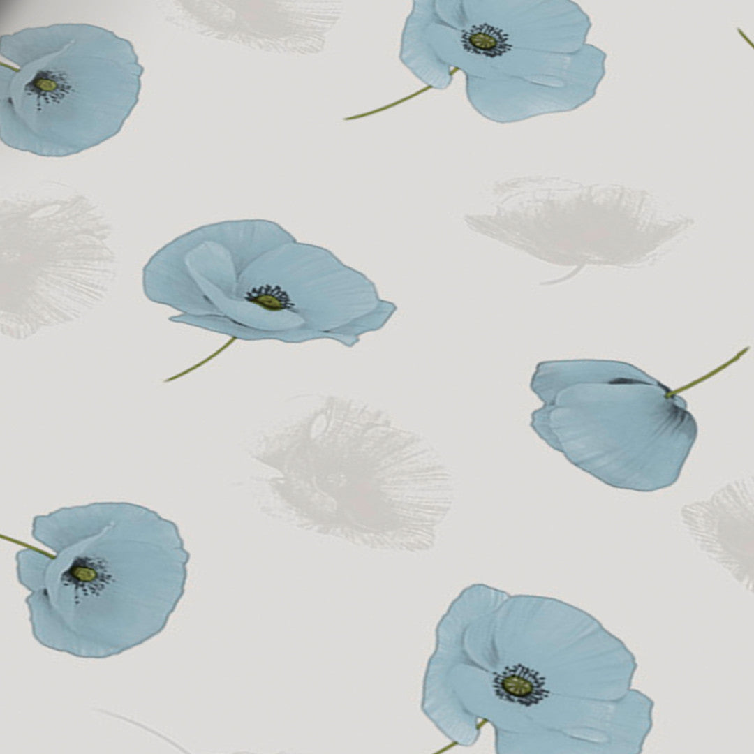 Amapolas Blue - Vaxduk med fina blå vallmo, närbild