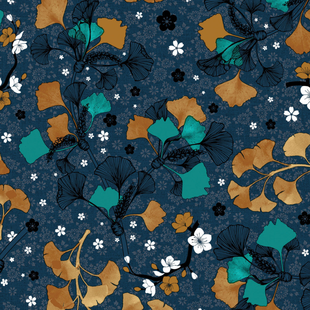 Autumn Gingko Biloba - Mörk gråblå vaxduk med blommor och blad