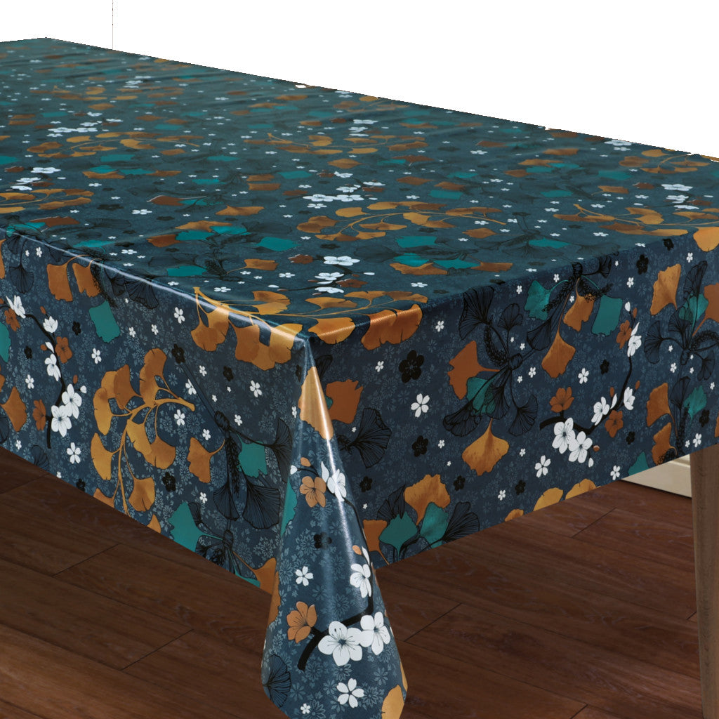 Autumn Gingko Biloba - Mörk gråblå vaxduk med blommor och blad