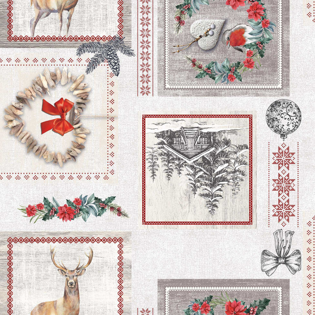 Avoriaz - Närbild av duken med granar och hjortar