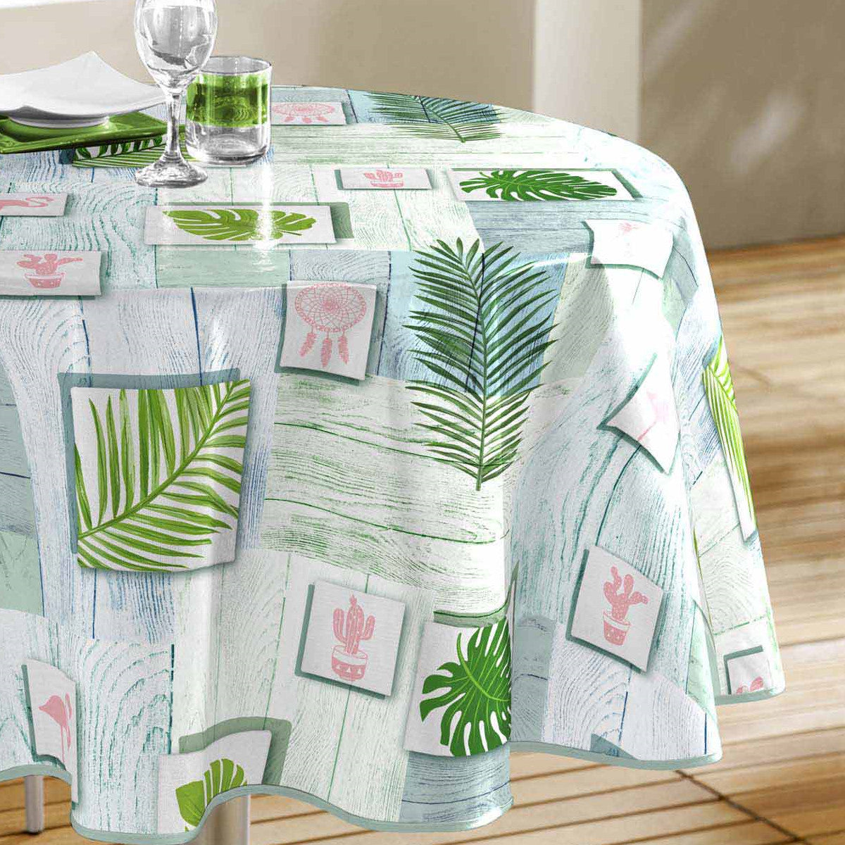 Bahia - Rund vaxduk med gröna blad, Ø 160 cm