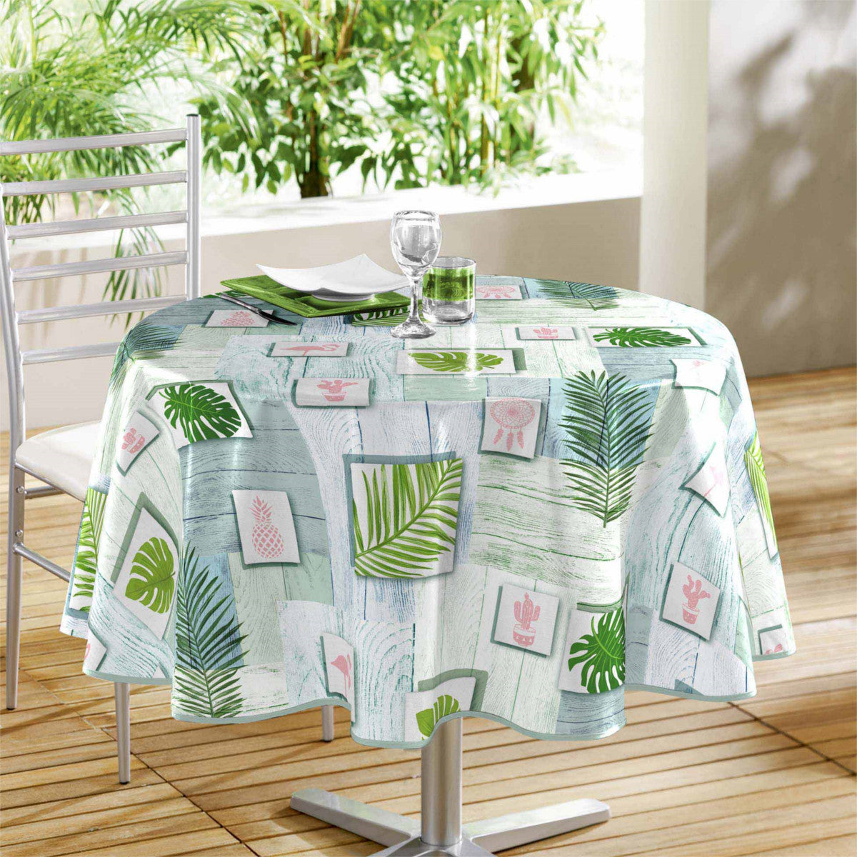 Bahia - Rund vaxduk med gröna blad, Ø 160 cm