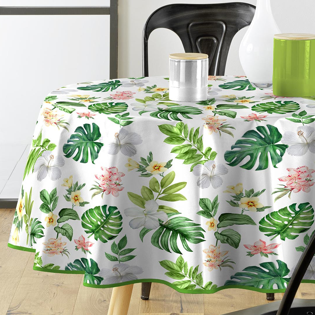 Baleares - Rund voksdug med blomster og blade, Ø 155 cm