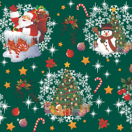 Nalles Jul Mörk Grön - Julvaxduk med Nalle, Tomten . Närbildoch  snögubben