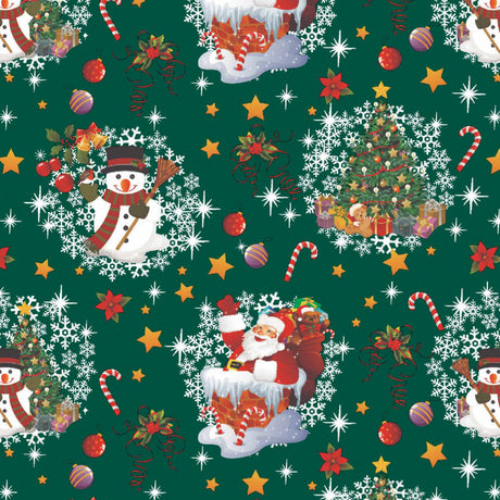 Nalles Jul Mörk Grön - Julvaxduk med Nalle, Tomten och  snögubben. Närbild