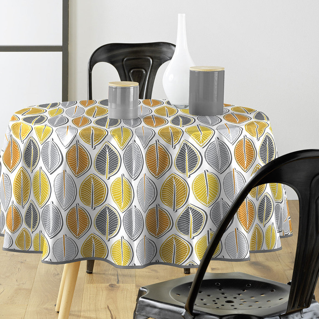 Barbade Grey - Rund vaxduk med blad, Ø 155 cm