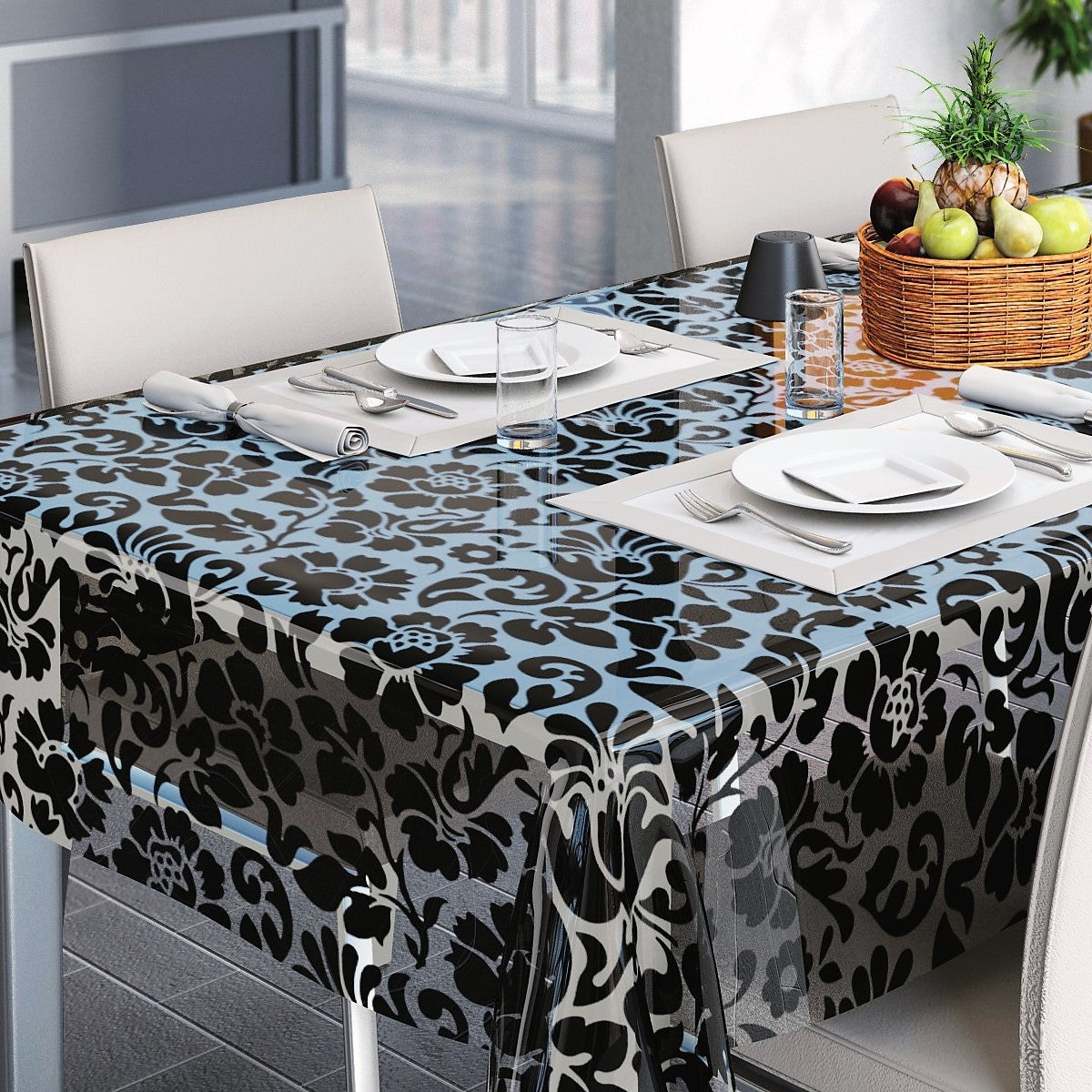 Barock, transparent vaxduk med svarta blommor miljöbild