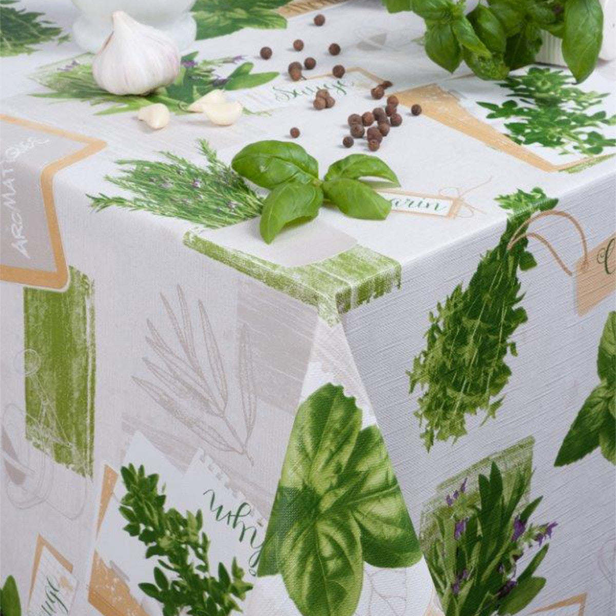 Basilika Ljusgrå, vaxduk med örter och lätt präglad yta