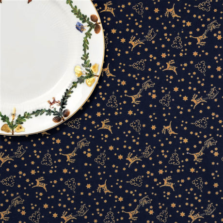 Bjældeklang Blå - Jultextilvaxduk med tomtens släde och renar