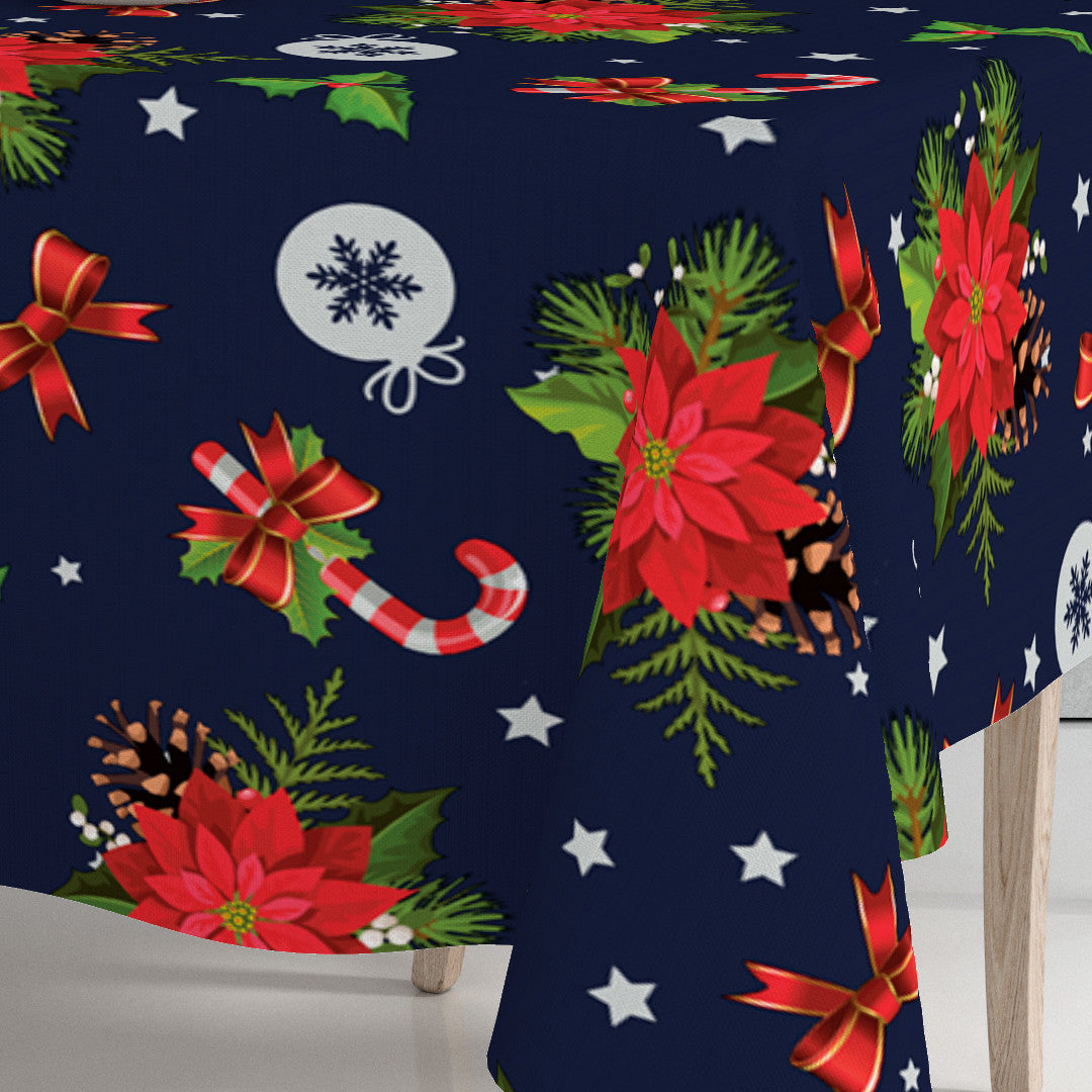 När bild av hörnet på Blå Vinterfest vvaxduk med julmotiv