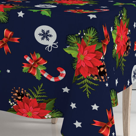 När bild av hörnet på Blå Vinterfest vvaxduk med julmotiv