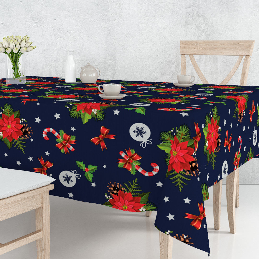 Blå Vinterfest - vaxduk på bord med julstjärnor